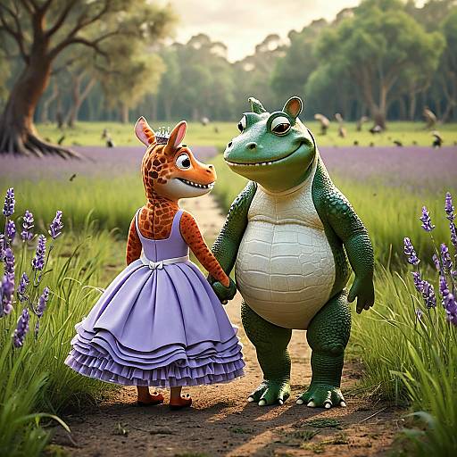 Pixar-Style Alligator and Frog Couple in Lavender Dress