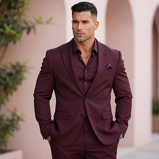 Confident Muscular Man in Burgundy Suit