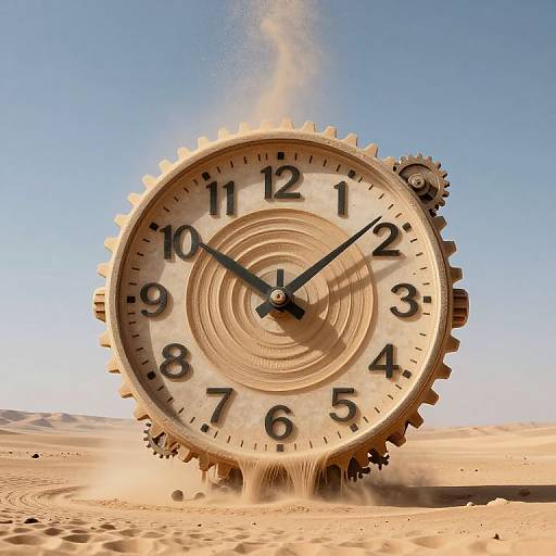 Photorealistic CGI of a giant, gear-like clock with black hands and numerals, standing in a sandy desert, surrounded by dust and gears.