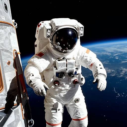 Photograph of an astronaut in a white spacesuit with a black helmet, floating in space near a spacecraft, with Earth's blue horizon in the background
