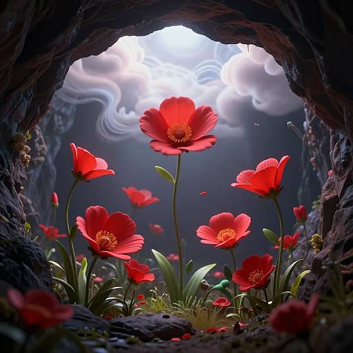 Photograph of vibrant red poppies in a dark, rocky cave, illuminated by a bright, moonlit sky with swirling clouds overhead.