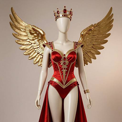 Photograph of a faceless white mannequin wearing a red velvet corset with gold trim, gold wings, and a gold crown.