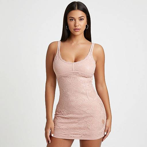 Photograph of a confident woman with long black hair, wearing a form-fitting, pink lace tank dress, standing against a plain white background.