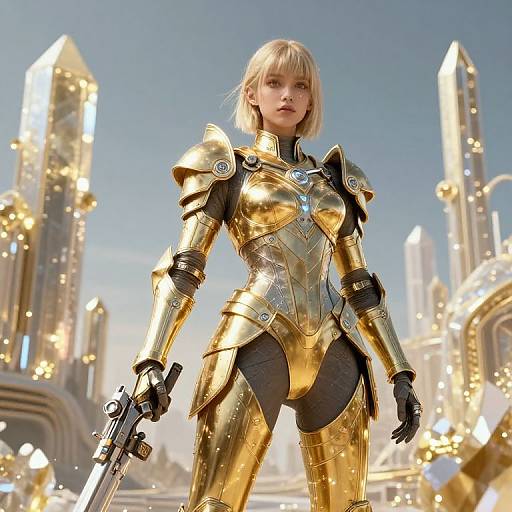 CGI image of a blonde, fair-skinned woman in golden, reflective armor holding a gun in a futuristic, glowing cityscape.