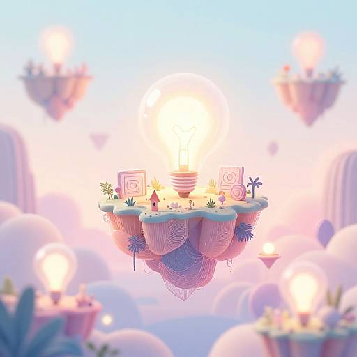 Digital art: floating, pastel-colored, mushroom-like island with spiral and plant decorations, illuminated by a glowing light, surrounded by soft, pink,