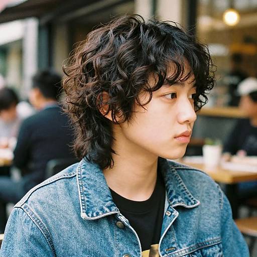 Photograph of an East Asian teenager with curly black hair, wearing a blue denim jacket over a black shirt, looking to the side in a blurred,
