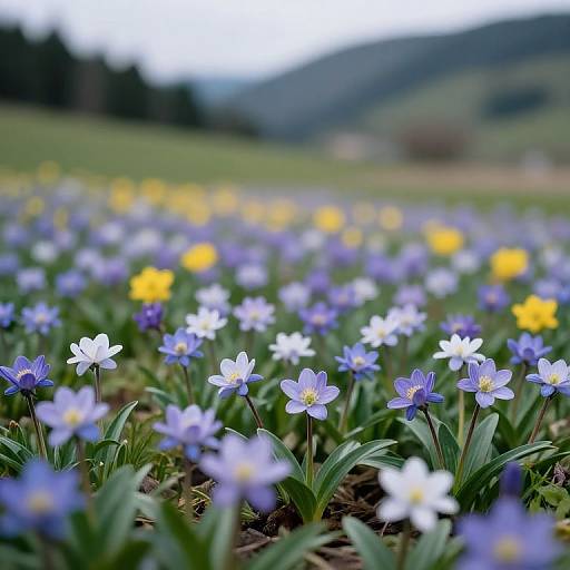 Photograph of a vibrant meadow with blue and white grape hyacinths, yellow daffodils, and blurred green hills in the background.