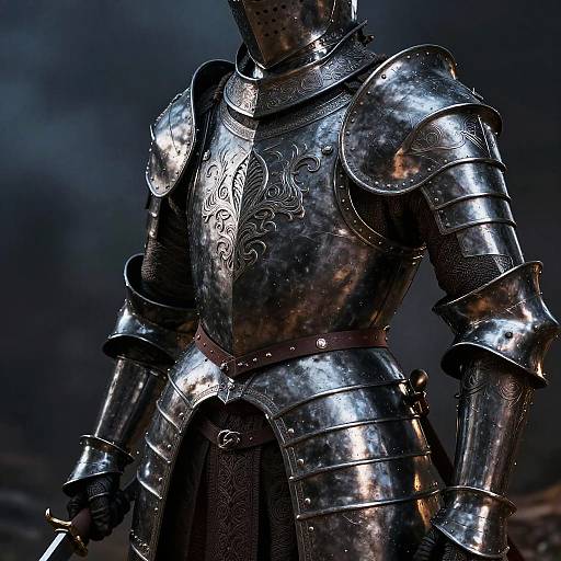 Photograph of a medieval knight in shiny, reflective armor with intricate floral engravings, standing in a dark, smoky background.