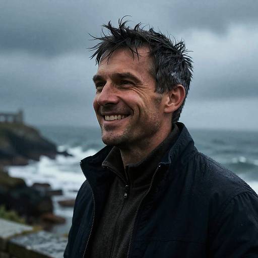 Photograph of a grizzled, smiling middle-aged man with messy black hair, wearing a black jacket, standing by a stormy ocean.