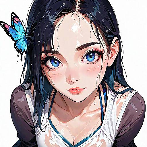 Anime Girl with Wet Hair and Blue Butterfly Ornament