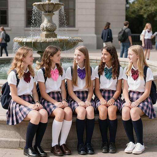 Teenage Girls Sitting by Fountain in School Uniforms