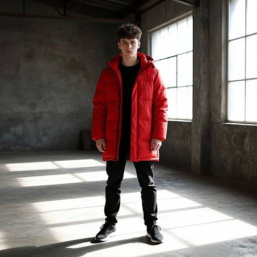 Photograph of a young man with curly hair, wearing a bright red puffer jacket, black shirt, pants, and shoes, standing in a sun
