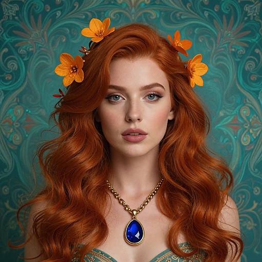 Photograph-style digital art of a fair-skinned, red-haired woman with blue eyes, wearing orange flowers in her hair and a blue gem necklace,