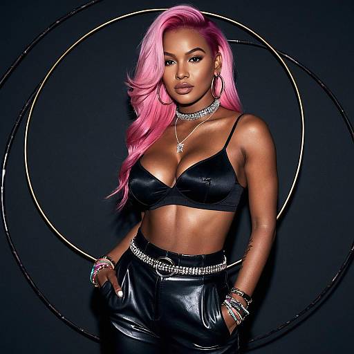 Dark-Skinned Woman with Pink Hair in Black Outfit