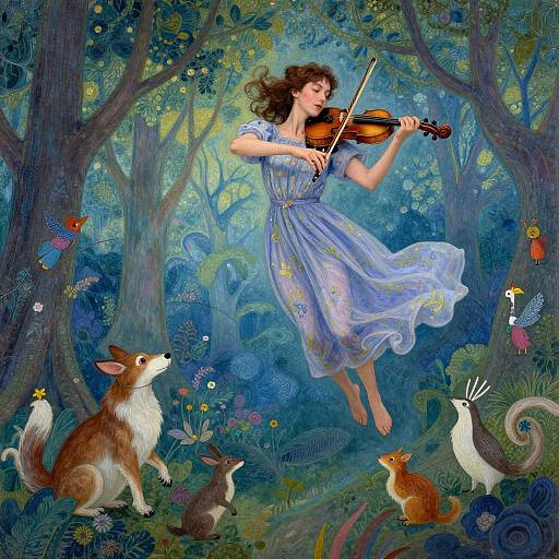 Digital painting of a curly-haired woman in a flowing blue dress, playing violin in a vibrant, enchanted forest with whimsical animals.
