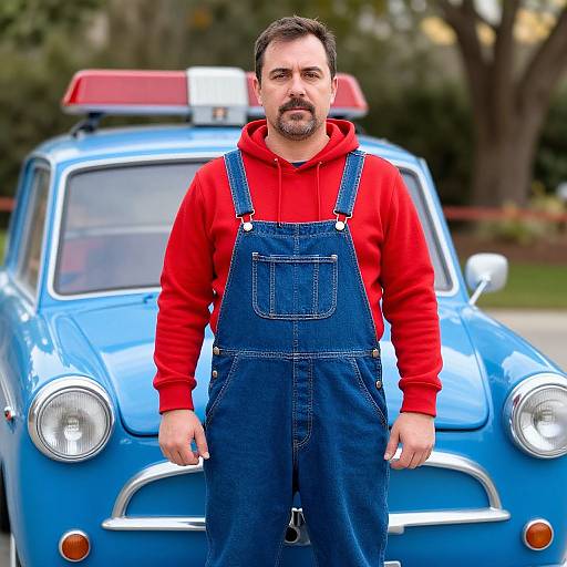 Photograph of a bearded man with short dark hair, wearing a red hoodie and blue denim overalls, standing in front of a blue vintage car