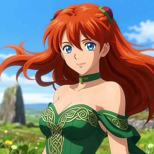 Anime-style digital drawing of a red-haired woman with blue eyes, wearing a green, off-shoulder, ornate dress, set against a bright