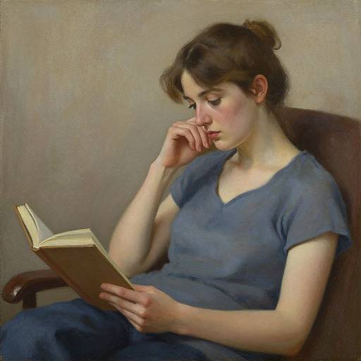 Realistic oil painting of a young woman with fair skin, brown hair in a bun, wearing a blue shirt, reading a book while resting her chin