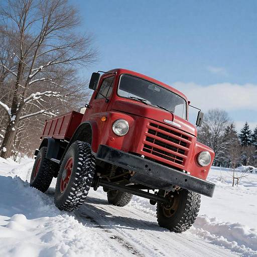 Vintage Red Truck on Snowy Road