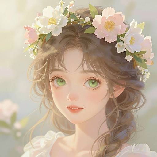 Digital anime-style portrait of a fair-skinned, green-eyed girl with wavy brown hair, wearing a flower crown, and soft white dress.