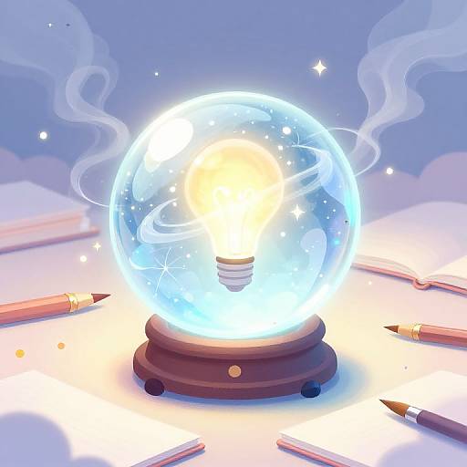 Digital illustration of a glowing, ethereal light bulb in a glass snow globe on a wooden base, surrounded by scattered pencils, with wispy clouds and