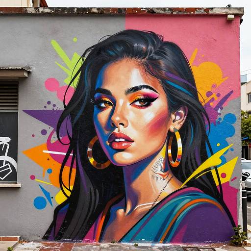 Vibrant digital mural of a Latina woman with long black hair, bold makeup, gold hoop earrings, and colorful graffiti background.