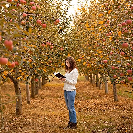 Photograph of a brunette woman in a white sweater and blue jeans, standing in an apple orchard, holding a tablet, surrounded by trees with red