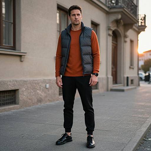 Photograph of a young man with short dark hair, wearing an orange sweater, black puffer vest, black pants, and black shoes, standing on