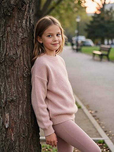 Smiling Girl Leaning on Tree in Park