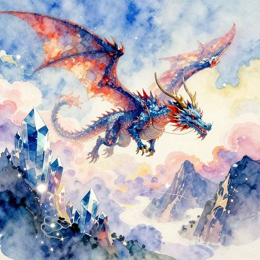 Vibrant digital painting of a blue and red dragon with fiery wings soaring above crystalline mountains in a bright, cloudy sky.