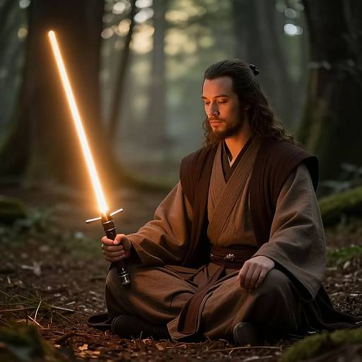 Photograph of a long-haired man in a brown Jedi robe, sitting in a forest, holding a glowing lightsaber, illuminated by its bright orange light