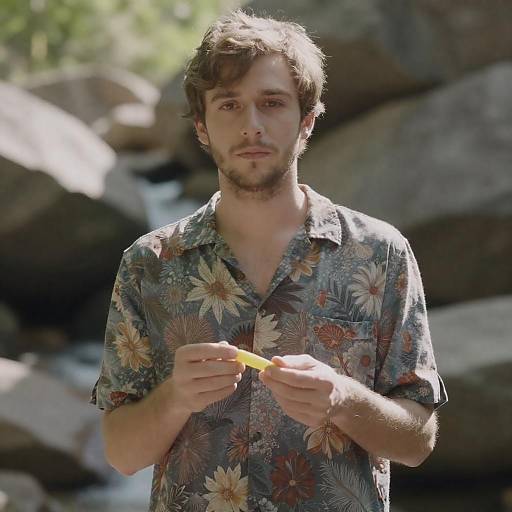 Young Man in Floral Shirt Outdoors