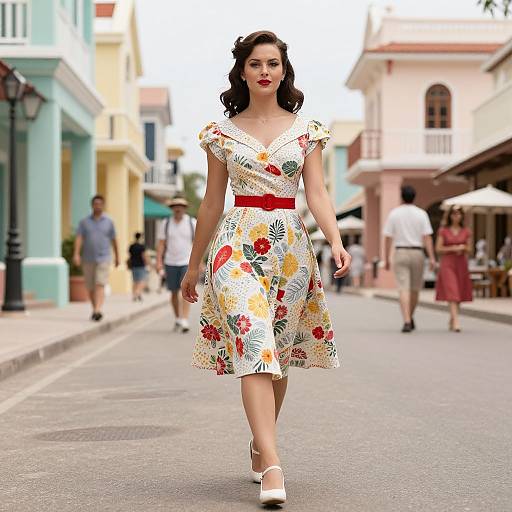 Photograph of a confident woman with dark wavy hair, wearing a white floral dress with red belt and white heels, walking down a colorful, sun