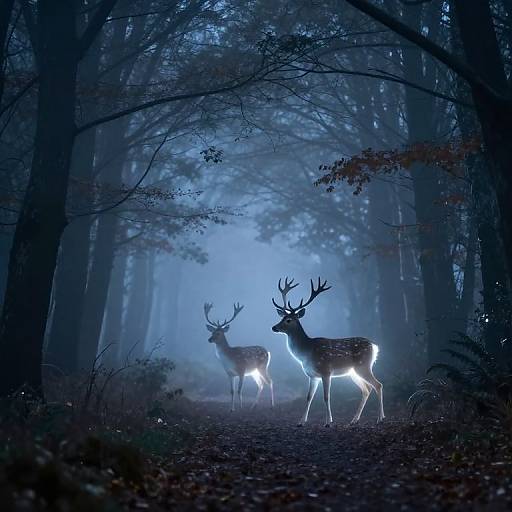 Photograph of two glowing deer with illuminated antlers standing in a misty, dark blue forest, surrounded by tall, shadowy trees.