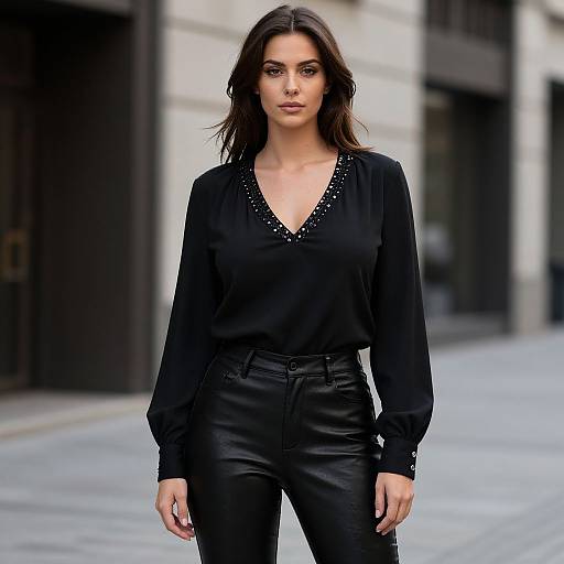 Photograph of a confident woman with dark brown hair, wearing a black, long-sleeved V-neck blouse with silver studs and black leather pants,