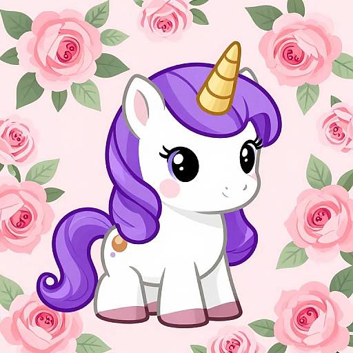 Cute digital cartoon of a white unicorn with purple mane and tail, golden horn, and large black eyes, surrounded by pink roses.