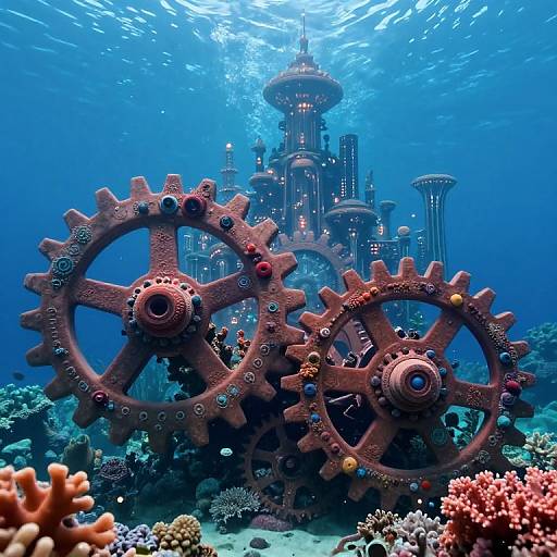 Photograph of an underwater steampunk castle with large, colorful gears in the foreground, surrounded by coral and illuminated by blue light.
