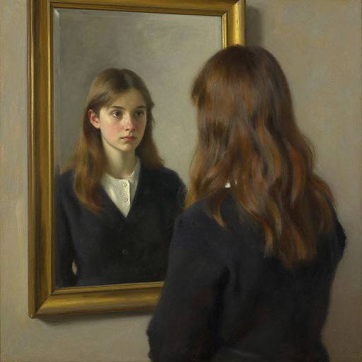 Realistic oil painting of a young woman with brown hair, reflecting in a framed mirror, wearing a black blazer and white shirt.