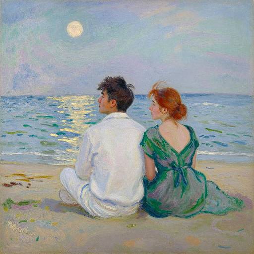 Impressionist painting of a man and woman in white and green dresses, sitting on a beach at sunset, facing the ocean.
