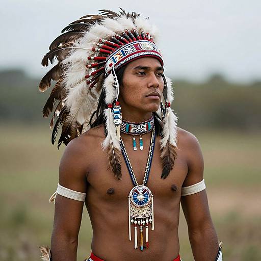 Photograph of a shirtless Native American man with dark skin, wearing a detailed feathered headdress, blue and white bead necklaces, and arm