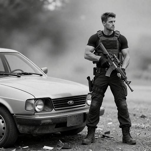 High-Contrast Black-and-White Tactical Crash Scene