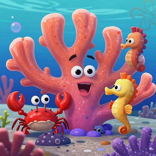 Colorful cartoon underwater scene: pink coral with eyes, red crab, orange seahorse, yellow seahorse, and blue fish on coral reef