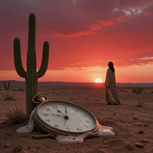 Photograph of a desert sunset with a silhouetted woman in a robe, a large cactus, and a melting clock on the ground.