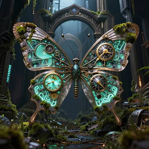 Bioluminescent Clockwork Butterfly in Neon Ruins
