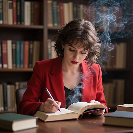 Photograph of a dark-haired woman in a red blazer writing in an open book, surrounded by books, with blue smoke rising.