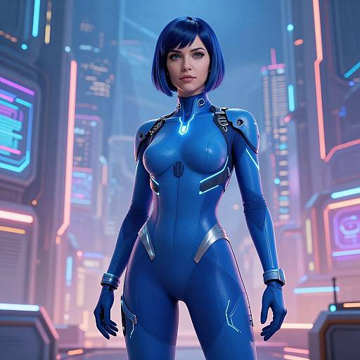 CGI image of a blue-haired woman in a form-fitting, futuristic blue bodysuit with neon accents, standing confidently in a neon-lit