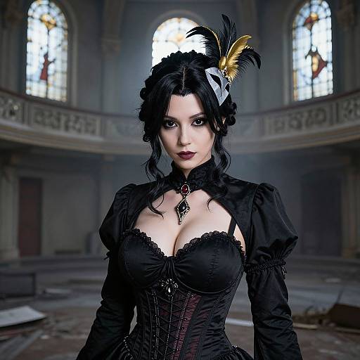 Digital illustration of a pale-skinned, Gothic-style woman with black hair, large breasts, and a corset, wearing a feathered headpiece,