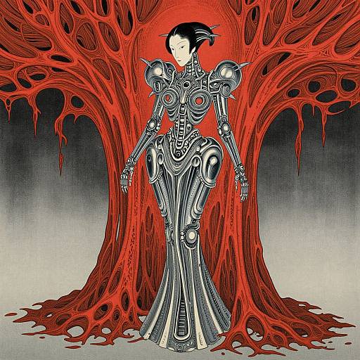 Digital illustration of a white-faced, black-haired woman in intricate silver armor standing before a vivid red, twisted tree against a gradient background.