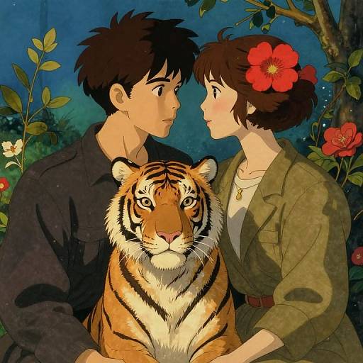 Anime-style digital illustration of a young couple with short brown hair, wearing dark and green jackets, gazing at each other beside a tiger, surrounded by