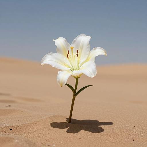 Photograph of a single bright white lily flower with yellow center, standing in golden sand under clear blue sky.